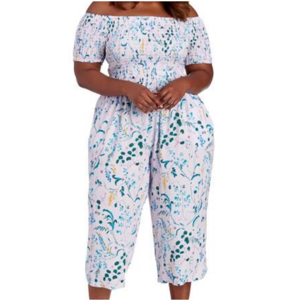 For The Republic Woman 2X Floral Smocked Off Shoulder Jumpsuit NWT Cottagecore‎